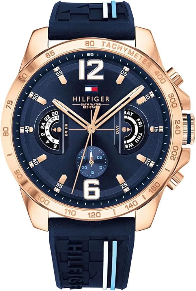Tommy Hilfiger Montre Analogique Multifonction Quartz pour Hommes avec Bracelet en Silicone, en Acier Inoxydable ou en Cuir, sous-Cadrans pour Le Jour et la Date, Étanche jusqu'à 5ATM.