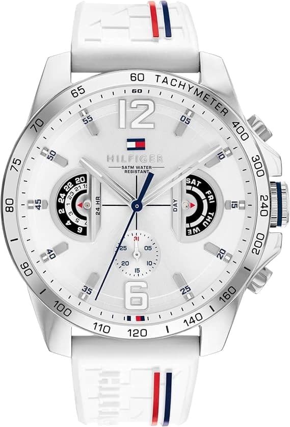 Tommy Hilfiger Montre Analogique Multifonction Quartz pour Hommes avec Bracelet en Silicone, en Acier Inoxydable ou en Cuir, sous-Cadrans pour Le Jour et la Date, Étanche jusqu'à 5ATM.
