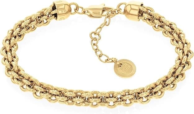Tommy Hilfiger Bijoux pour Femme : Bracelet Chaîne en Acier Inoxydable Plaqué Or 23K et Collier Assorti