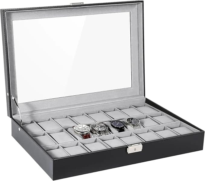 Uten Boite a Montre, 24 Emplacements Écrin à Montres en Cuir Boite Rangement Montre avec Couvercle en Verre pour Homme Femme