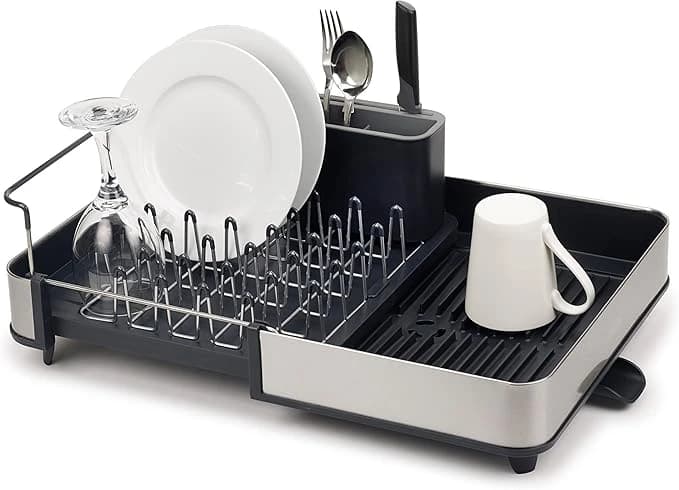 Joseph Joseph Séchoir à Vaisselle Extensible en Acier avec Compartiment à Couverts Amovible, Bec D'Égouttage Pivotant - Gris/Acier