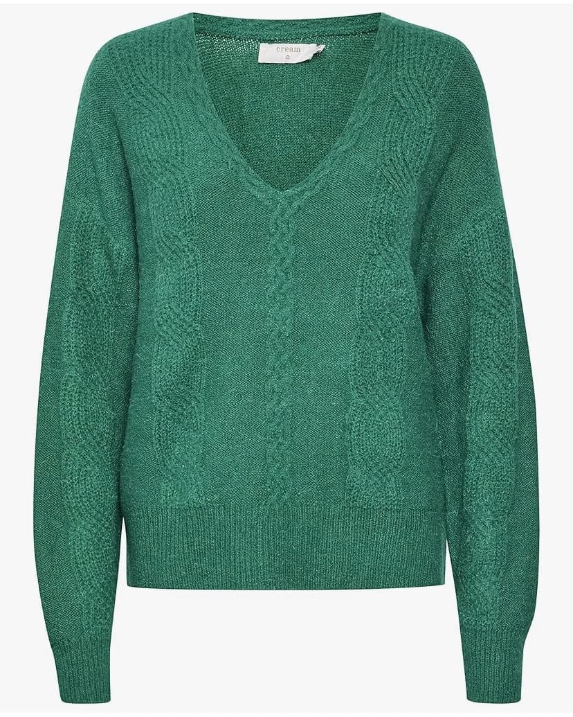 Cream Women's Knitted Pullover Sweater V-Neck Long Sleeves Cable Knit Femme