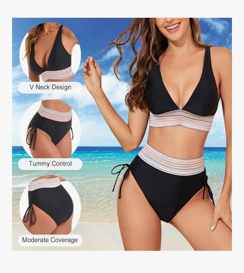 Risipu Bikini taille haute pour femme - Contrôle du ventre - Deux pièces - Couleurs contrastées - Col en V - Cordon de serrage - Maillot de bain de plage