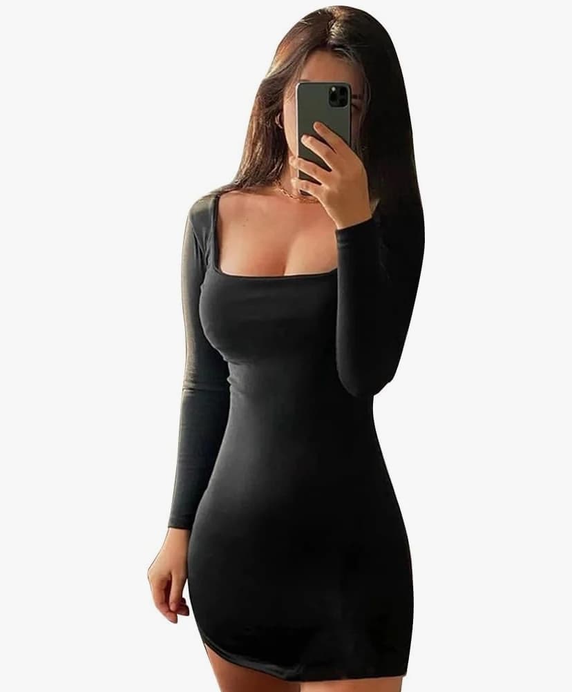 QKEPCY Robe Femme Sexy à Manches Longues Mini Robe Col U Robe Noir Casual Chic Élégante Moulante Robes Courte de Cocktail Elégant Soirée Couleur Unie Slim Fit Robe