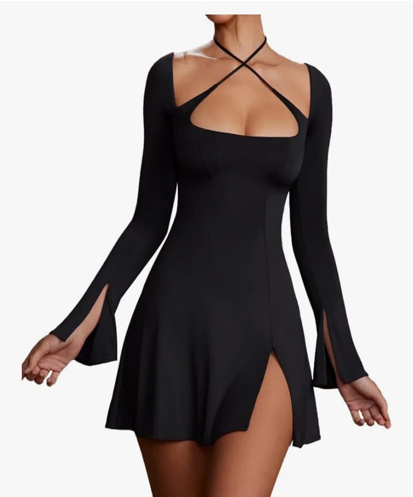 RPAEOY Robe de Cocktail Femme Manches Longues Bretelles Croisées Colletage Carré Dos Nu Plissée Ourlet Fendu Élégante Mini Chic Sexy Robe de Soirée Fête Dress de Ceremonie Mariage