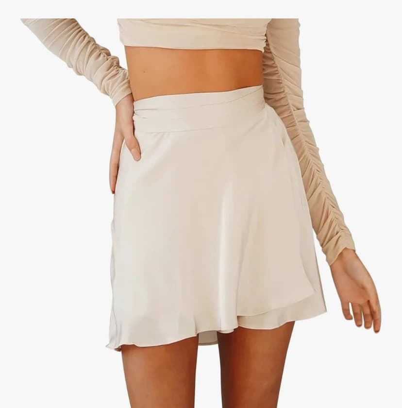 Petalum Jupe Femme Courte en Satin Chic Sexy Mini-Jupe A-Ligne Patineuse Trapèze Taille Haute à Nouer Casual Eté Elégante Skirt Douce Légère Respirante avec Ceinture Réglable