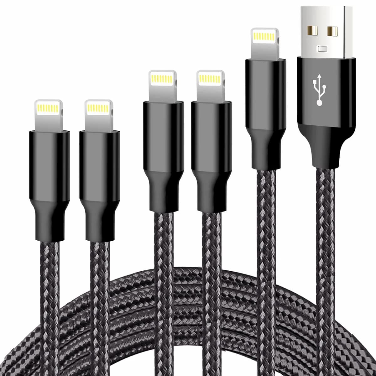 CUGUNU – Lot de 5 câbles USB de charge rapide, en nylon tressé de 0,9 m, 9 m, 1,8 m, 1,8 m et 3 m, certifié Apple MFi, compatible avec iPhone 14/13/12/11/X/Max/8/7/6/5/SE/Plus/iPad, noir
