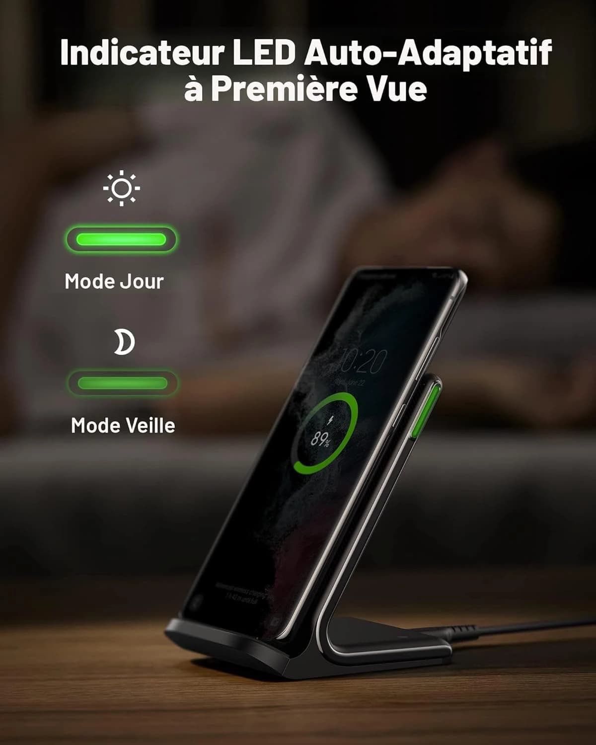 INIU Chargeur sans fil, 15 W, certifié Qi, support de charge rapide sans fil avec lumière adaptative adaptée au sommeil pour iPhone 16, 15, 14, 13, 12 Pro Max Plus, Samsung Galaxy S23, S22, Ultra,