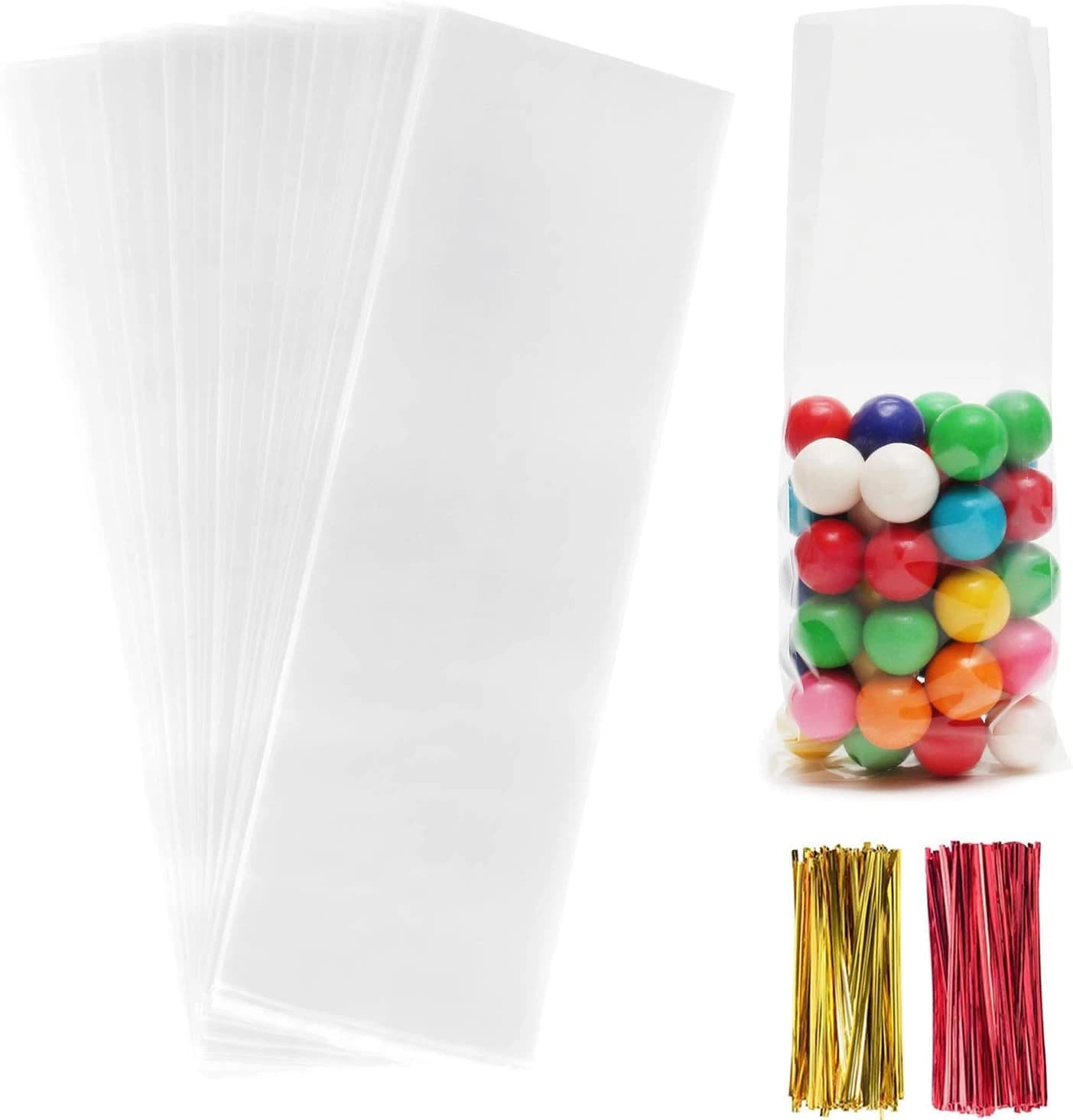 Morepack Lot de 200 sacs à friandises en cellophane transparents de 7,6 x 27,9 cm, sacs en cellophane avec attaches torsadées pour emballer des bonbons, des biscuits